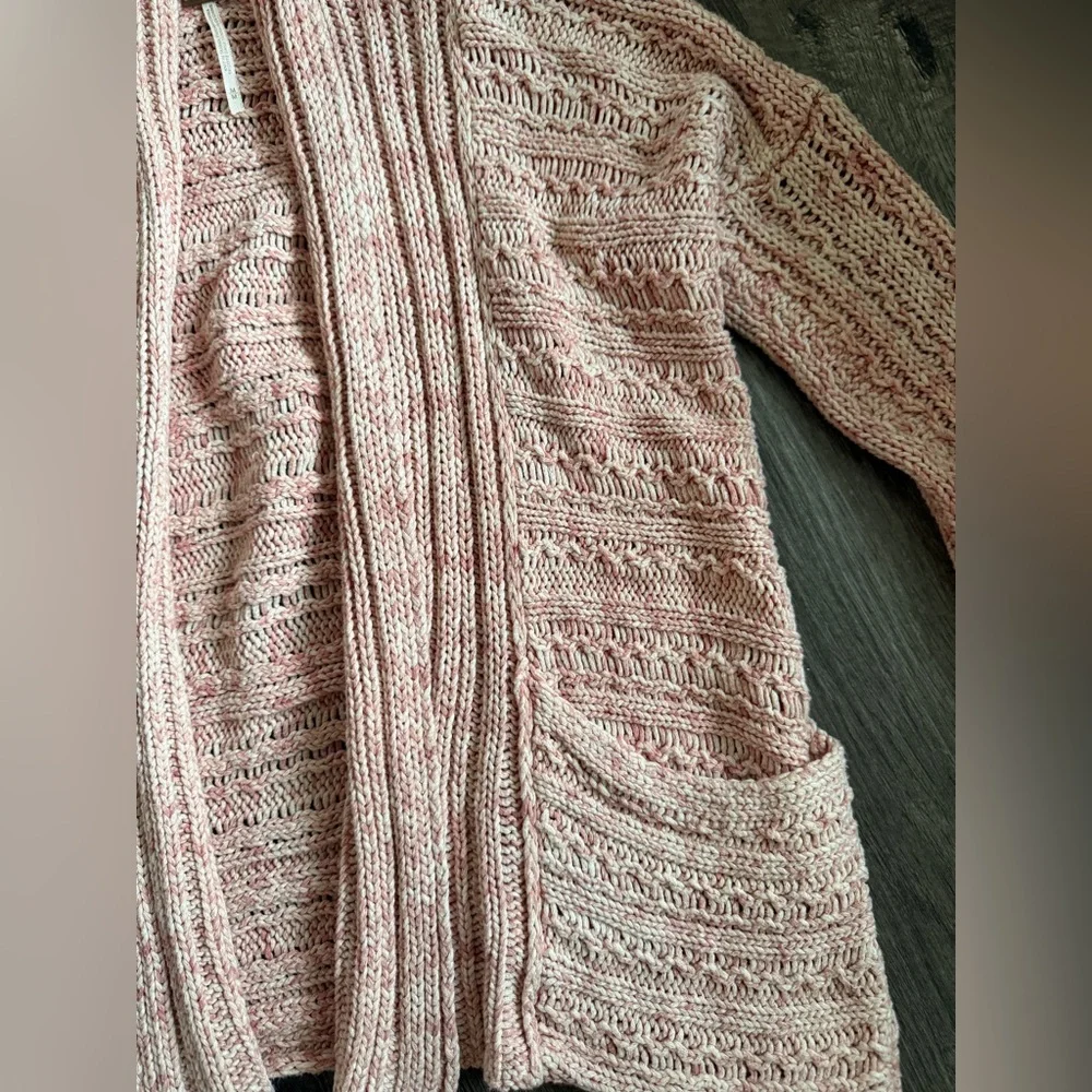 Free People Open Front Knit Cardigan Sweater Size M Pink Cream Boho Casual - Picture 3 of 9